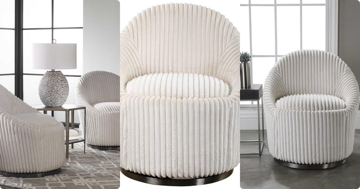 Uttermost Crue Luxurious Fluted Ivory Chenille Swivel Chair